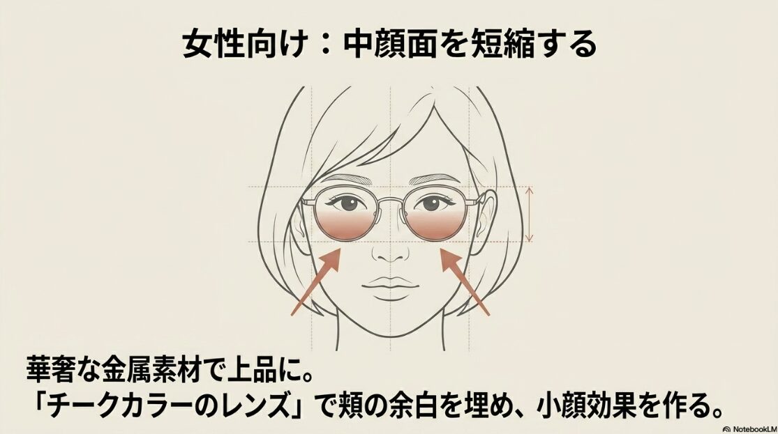 華奢な金属素材とチークカラーのレンズを使って頬の余白を埋め、中顔面を短縮する女性向けテクニックの図解