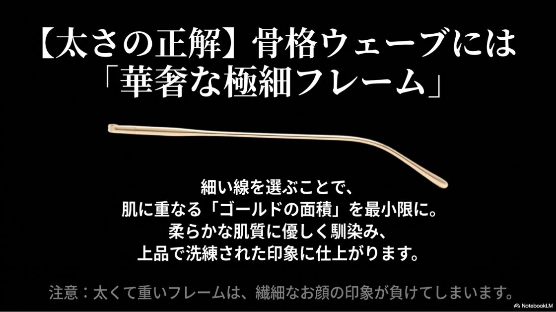 【太さの正解】骨格ウェーブには「華奢な極細フレーム」。細い線を選ぶことで肌に重なるゴールドの面積を最小限に抑え、上品で洗練された印象に仕上がる。
