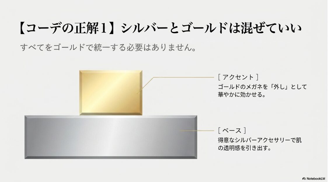 【コーデの正解1】シルバーとゴールドは混ぜていい。得意なシルバーアクセサリーをベースにして透明感を引き出し、ゴールドのメガネを外しとして効かせる。
