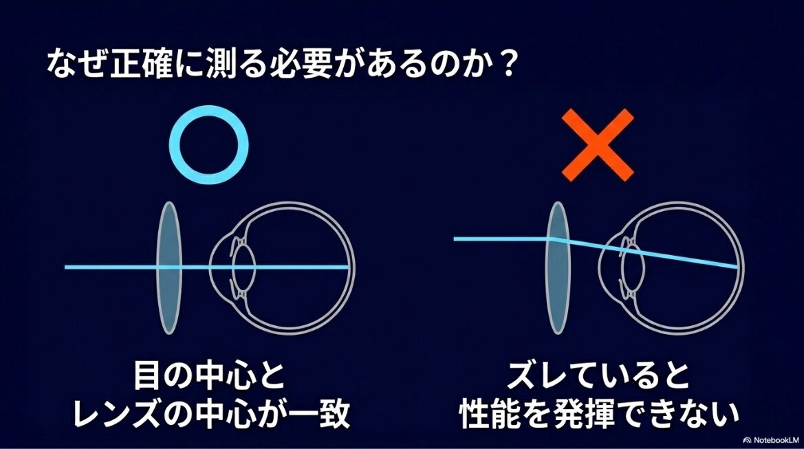 目の中心とレンズの中心が一致している状態と、ズレていて性能を発揮できない状態の比較図