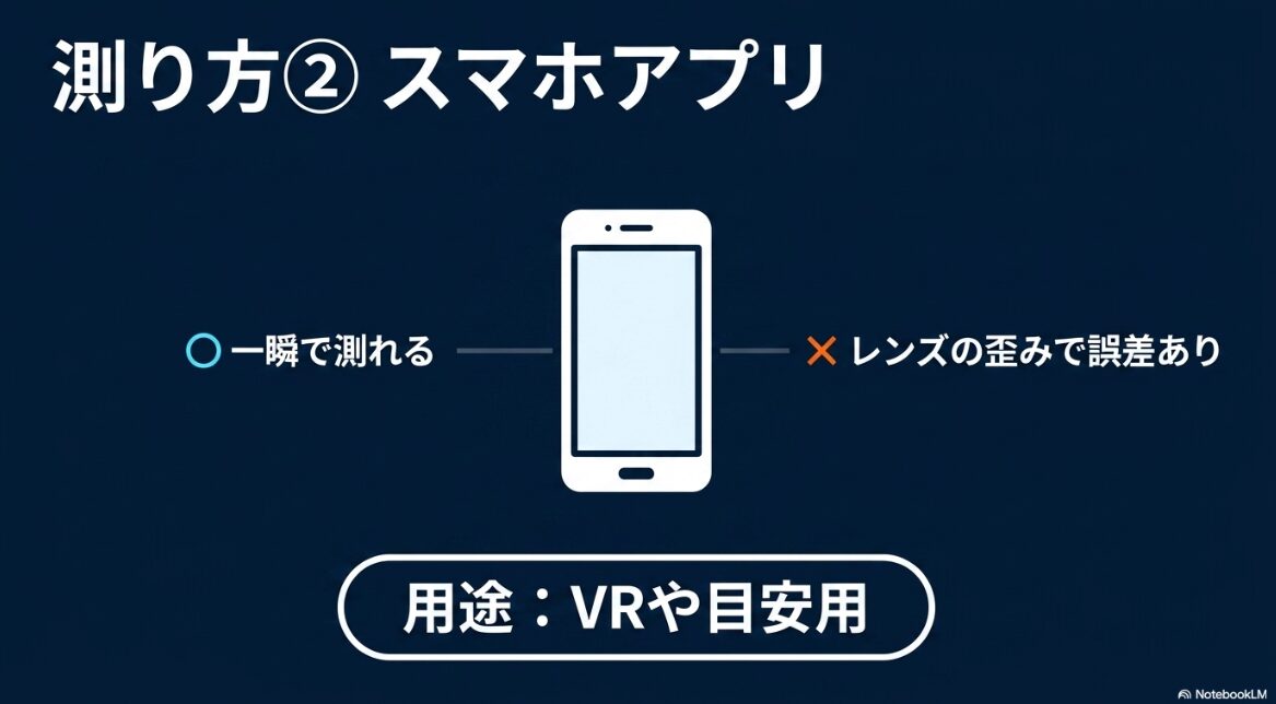 スマホアプリによる測定は手軽だがレンズの歪みによる誤差があり、VRなどの目安用途に適している