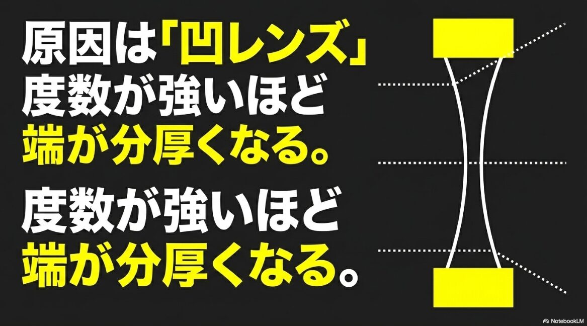 目が小さくなる原因は凹レンズの構造にあり、度数が強いほど端が分厚くなる
