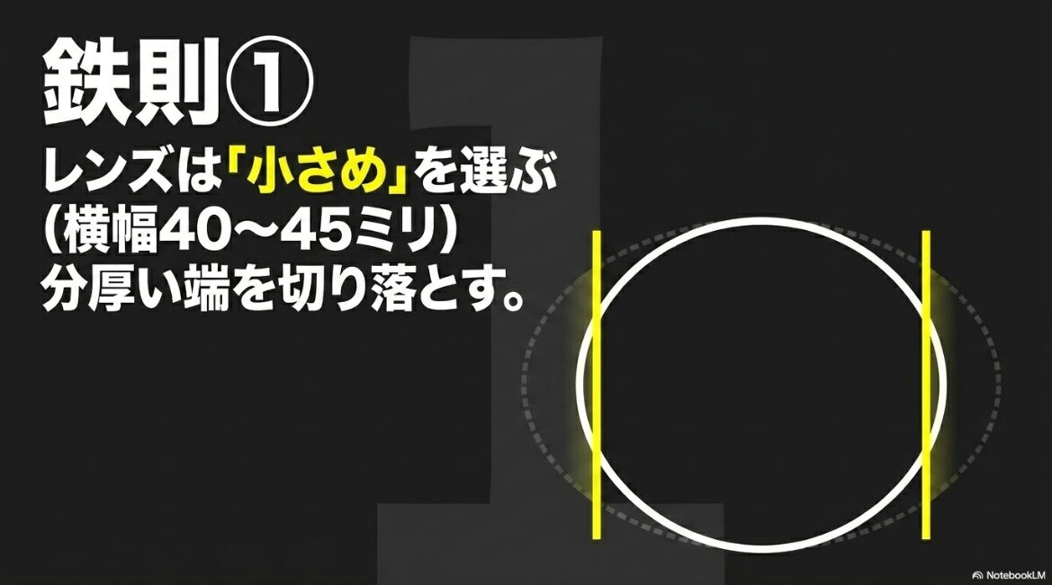 メガネ選びの鉄則1は、横幅40から45ミリの小さめレンズを選び、分厚い端を切り落とすこと