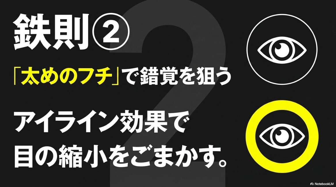 メガネ選びの鉄則2は、太めのフチによるアイライン効果で目の縮小をごまかすこと