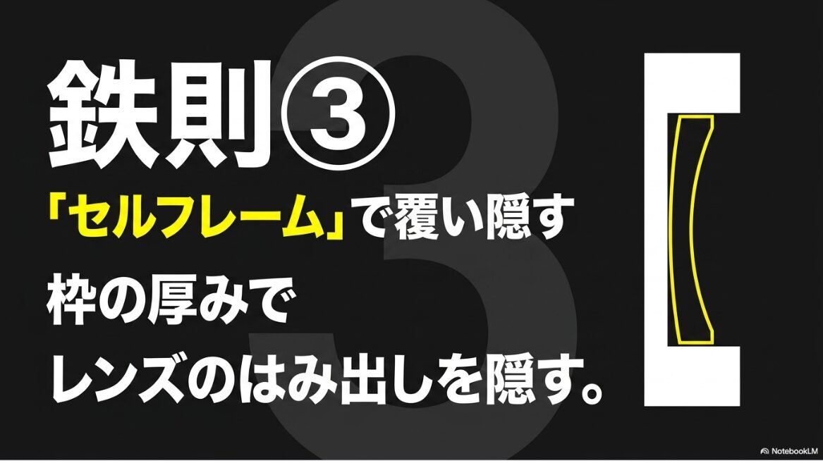 メガネ選びの鉄則3は、セルフレームの枠の厚みでレンズのはみ出しを覆い隠すこと