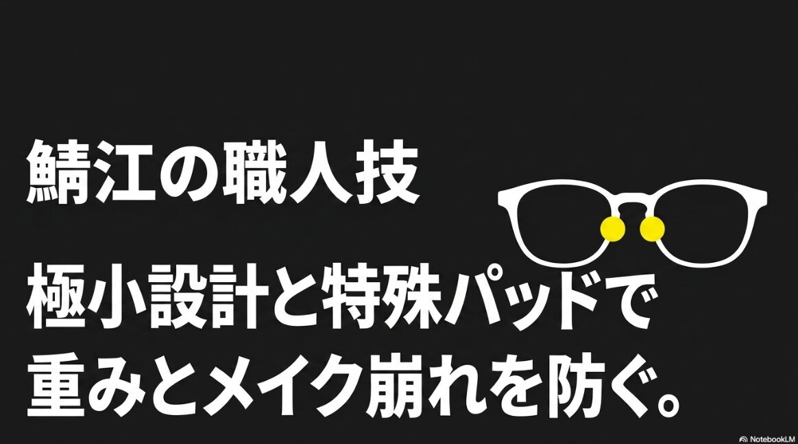 鯖江の職人技による極小設計と特殊パッドで、メガネの重みとメイク崩れを防ぐ
