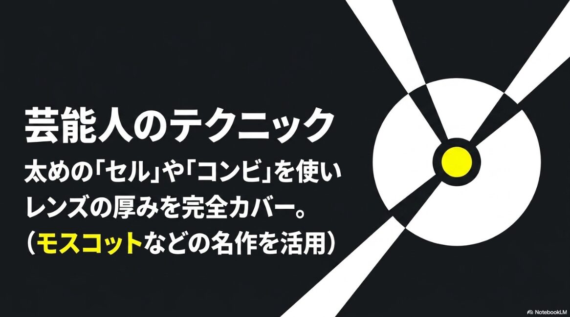 芸能人のテクニックとして、太めのセルフレームやコンビネーションフレームを使いレンズの厚みをカバーする