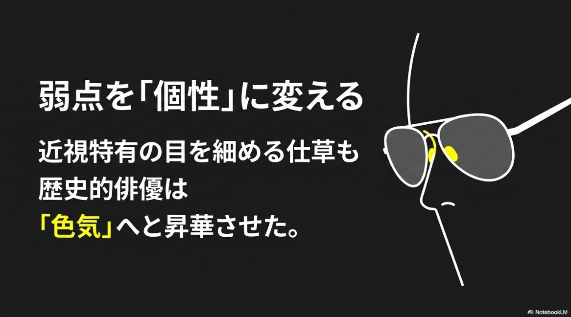 近視特有の目を細める仕草という弱点を、歴史的俳優は色気という個性へと昇華させた