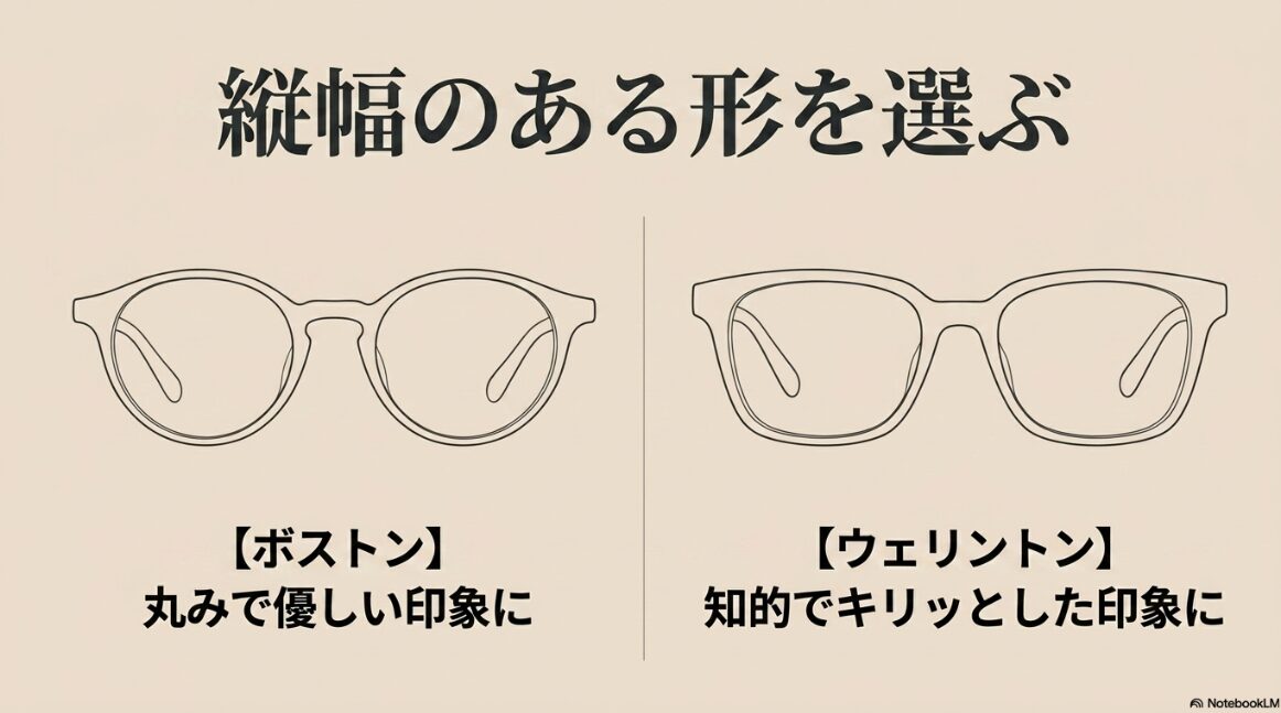ボストン型とウェリントン型のメガネフレームの特徴を説明する図解