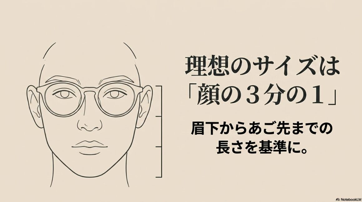 理想的なメガネの縦幅は眉下からあご先までの長さの3分の1という目安の図解