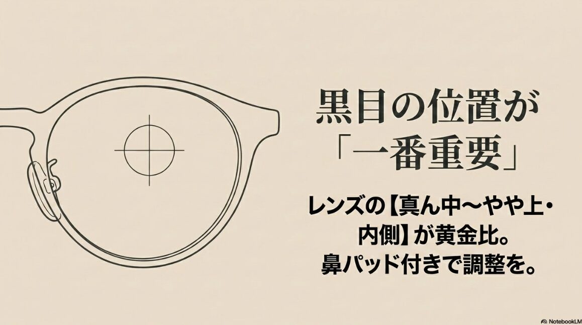 メガネレンズにおける黒目の理想的な位置（真ん中〜やや上・内側）の図解