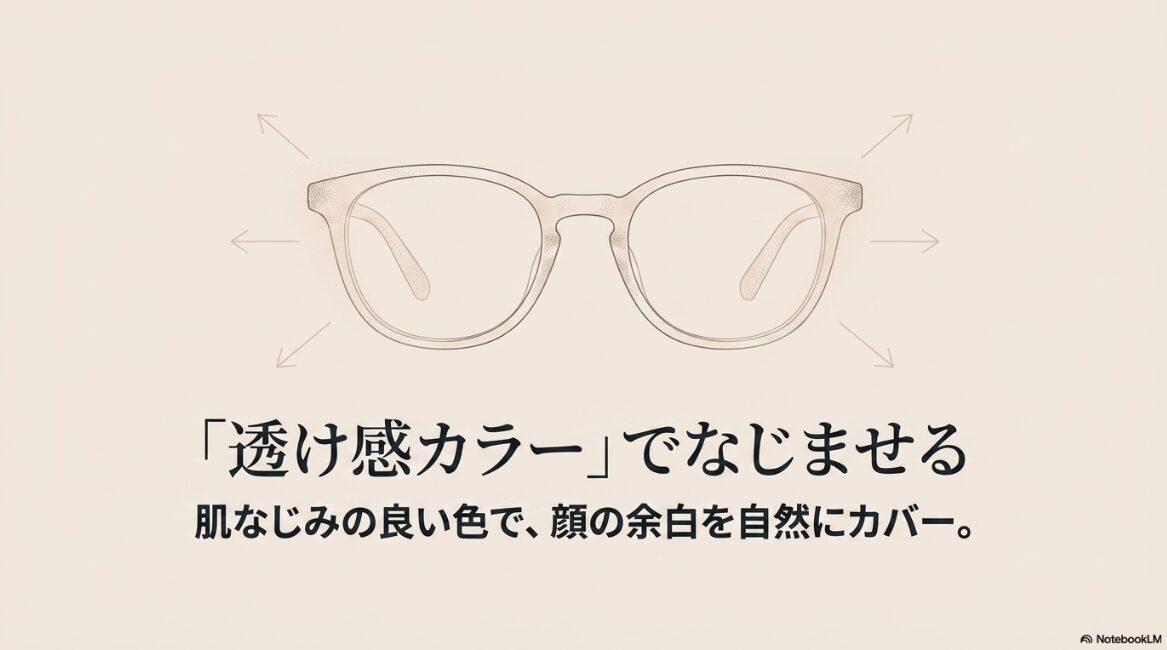 肌なじみの良い透け感カラーのメガネフレームによる顔の余白カバー効果の図解