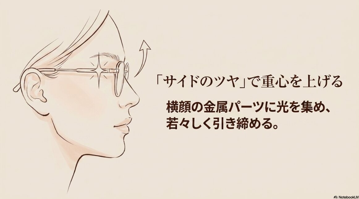 メガネサイドの金属パーツのツヤで顔の重心を上げるハイライト効果の図解