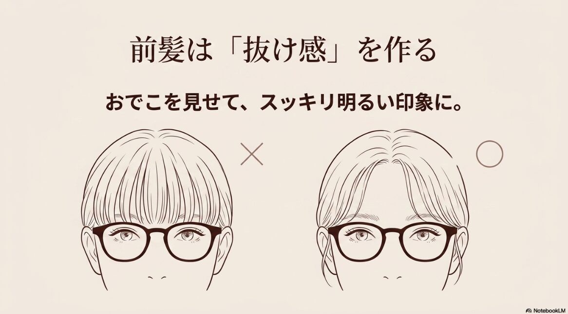 前髪に抜け感を作りおでこを見せることでスッキリした印象になる図解