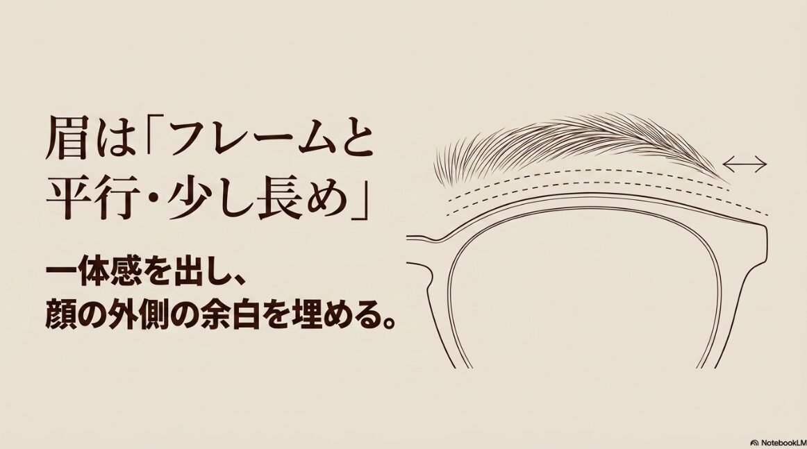 メガネのフレーム上部と平行に、少し長めに描く眉メイクの図解