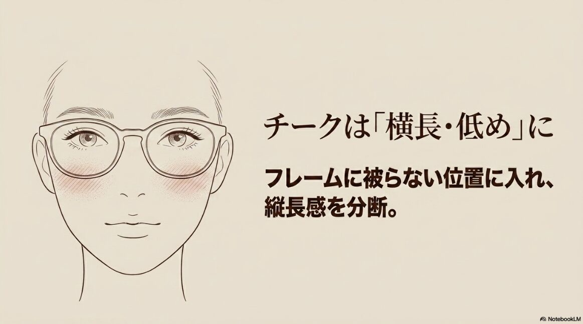 メガネフレームに被らないよう横長・低めに入れるチークの図解