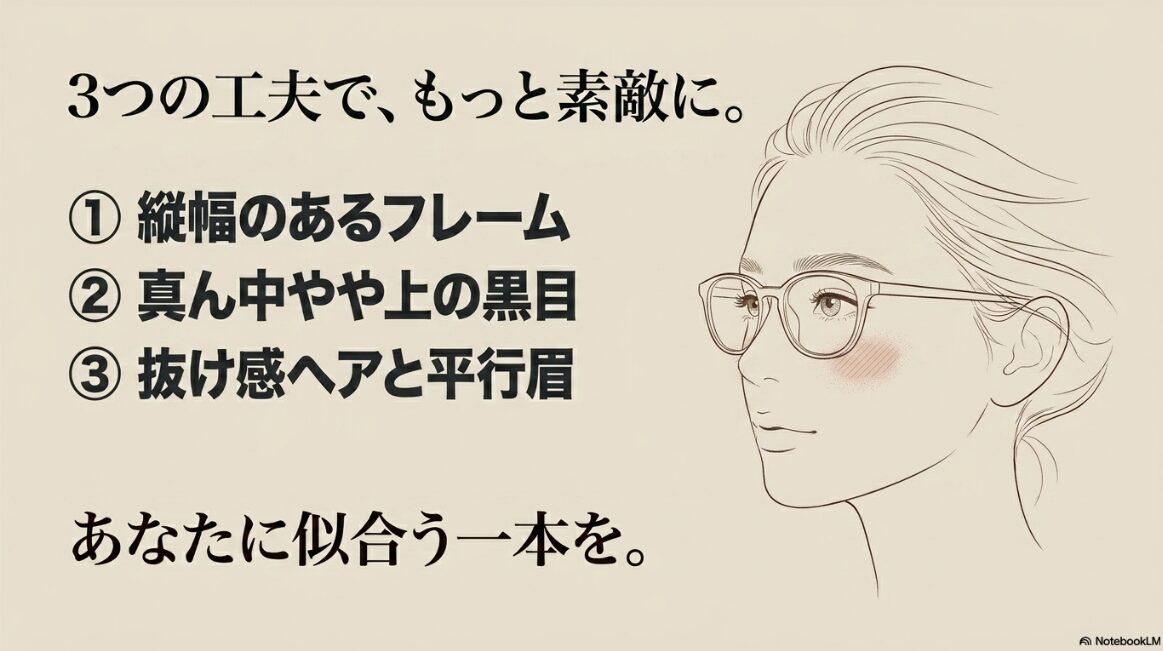 縦幅のあるフレーム、黒目の位置、抜け感ヘアと平行眉の3つのポイントのまとめ