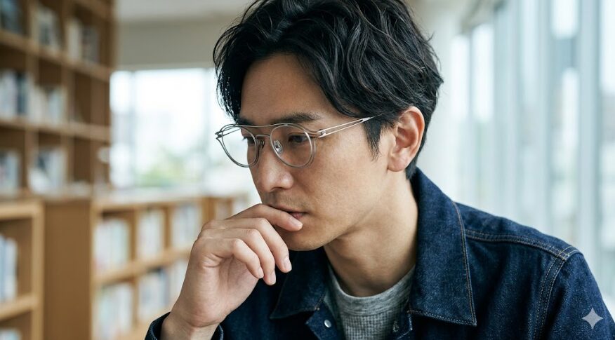 YUICHI TOYAMA.の「Double Dutch」構造を採用したメタルフレーム（ゴールド）。2本のチタンワイヤーが交差する極めて繊細なデザインと、顔への馴染みやすさを表現した横顔のクローズアップ。