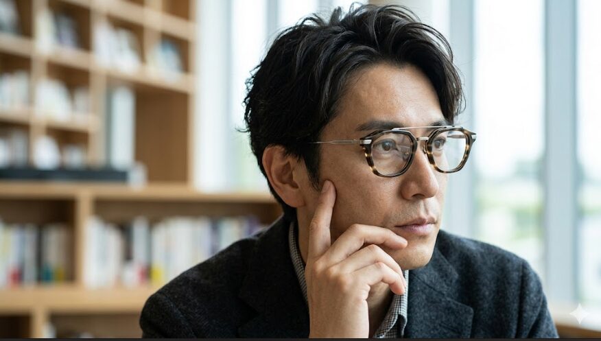 YUICHI TOYAMA:5 のプレステージライン「DIABLO」を着用し、福井県鯖江市の最高峰の職人技術による造形美と質感を体現した日本人男性の横顔。