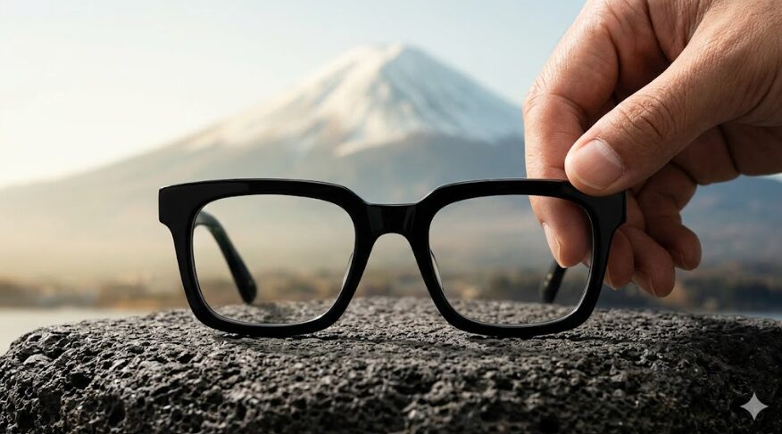 富士山を背景に、アジア人の手が無骨な極太黒縁メガネを手に持っている。