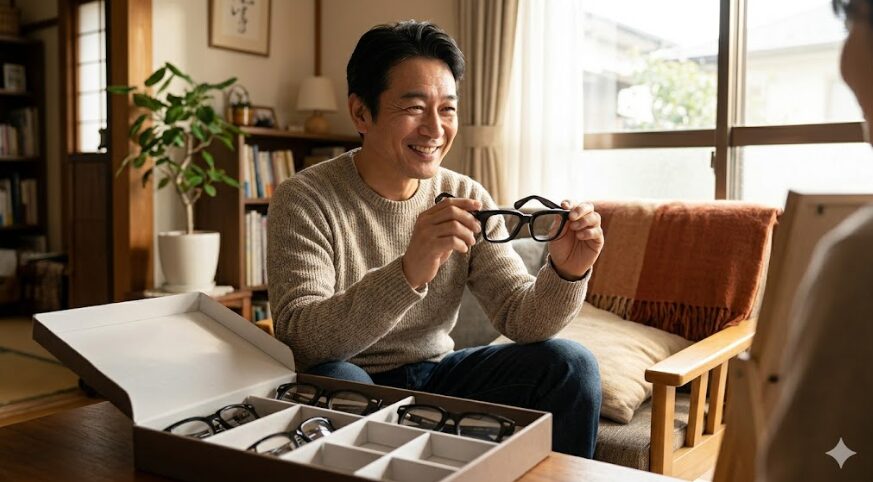 自宅のリビングで、アジア人の男性が送られてきた試着用のメガネボックスから、極太黒縁メガネを手に取り、嬉しそうに試着している。