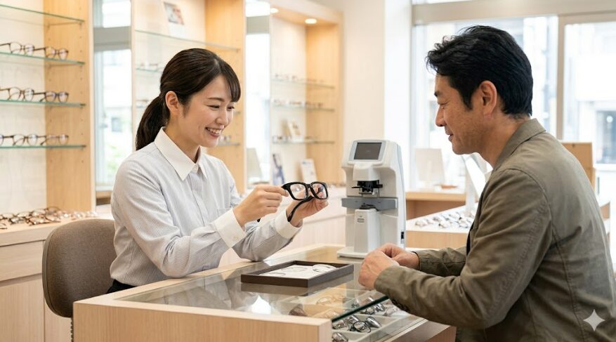 明るいメガネ店のカウンターで、アジア人の男性客が持ち込んだ極太黒縁メガネを、笑顔の女性店員に手渡し、度付きレンズへの交換を依頼している。