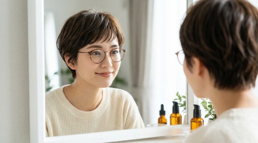 ヘアオイルとマットワックスを使い、質感のコントラストをつけて束感と動きを出したベリーショートヘアの日本人女性。メガネとの洗練された合わせ。
