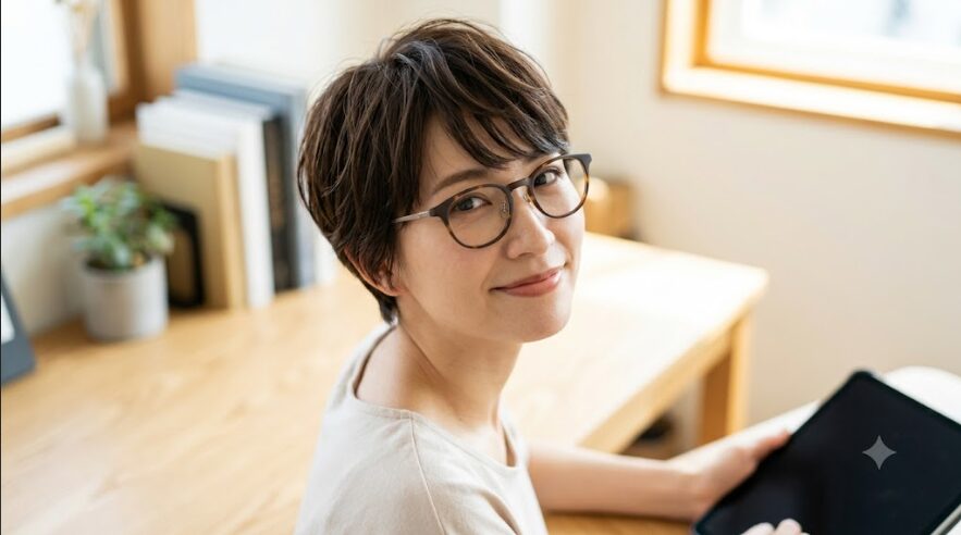 自宅デスクでくつろぐ、ベリーショートヘアで眼鏡をかけた日本人女性。顔型に合ったフレーム選びの重要性を表現。