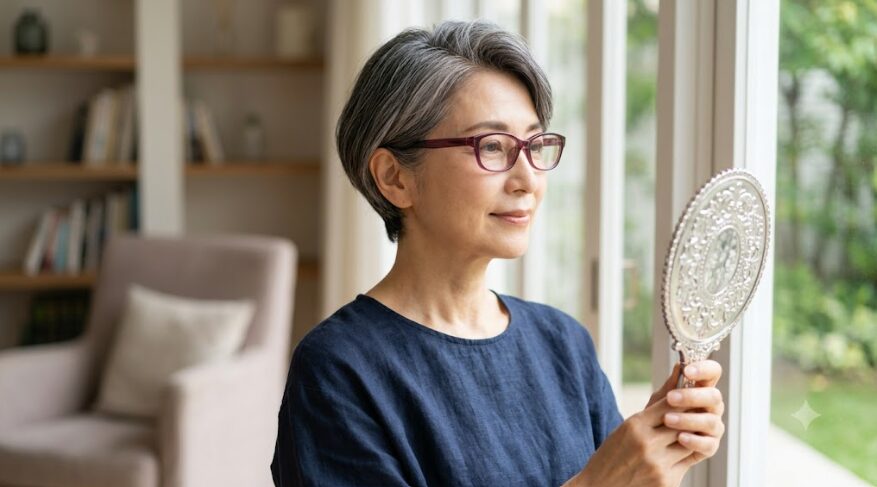 紫色のカラーレンズ眼鏡をかけ、手鏡を見て微笑むグレイヘアの50代日本人女性。眼鏡を美容液のように活用する姿。