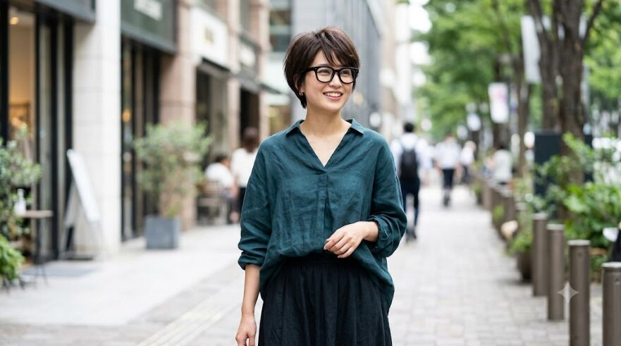 市街地を歩く、ひし形シルエットのショートボブに太縁眼鏡をかけた日本人女性。顔立ちを引き締めるスタイリング例。