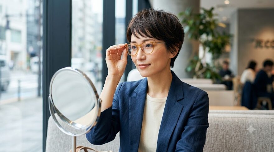 カフェで手鏡を見ながら眼鏡を調整する、ベリーショートヘアの日本人女性。自信を持ってアイウェアをかけこなす姿。