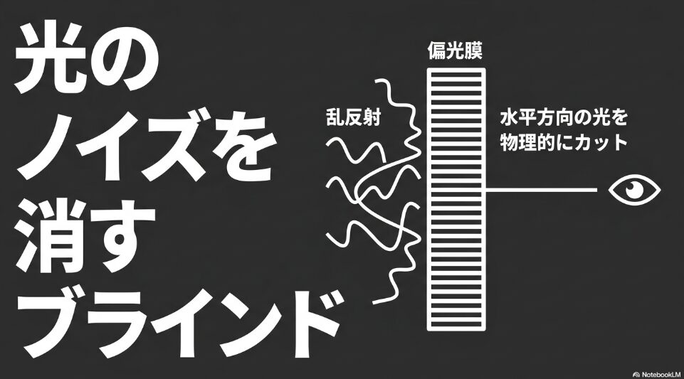 偏光レンズの有無による見え方の違い。白線や先行車がくっきり見える様子