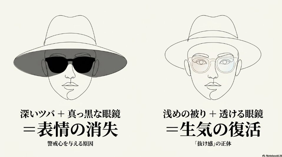 深く被った帽子と濃い眼鏡による表情の消失と、浅めの被りと透ける眼鏡による生気の復活を比較したイラスト。
