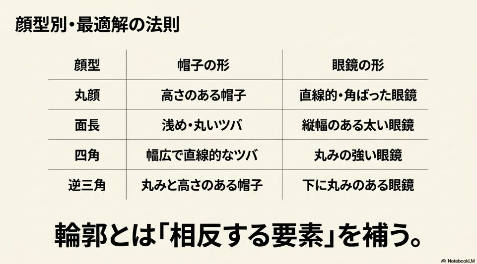 丸顔、面長、四角、逆三角の顔型別に、輪郭とは相反する要素を補う最適な帽子と眼鏡の形をまとめた表。