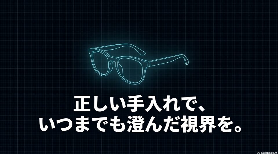 暗いグリッド背景にネオンブルーで描かれたスタイリッシュなメガネのイラストと、「正しい手入れで、いつまでも澄んだ視界を。」というメッセージが添えられた記事のエンディング用