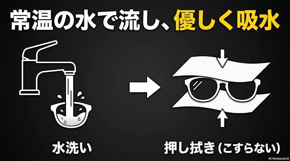 常温の水で流し、優しく吸水する。水洗いから押し拭きまでの正しいお手入れ手順のイラスト