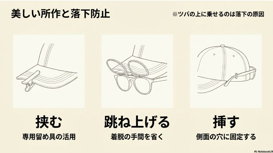 挟む、跳ね上げる、挿すといった専用留め具を活用し、着脱の手間を省いて落下を防止する美しい所作のイラスト。