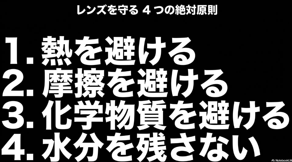 黒背景に大きな白文字で、レンズを守る4つの絶対原則である「1. 熱を避ける」「2. 摩擦を避ける」「3. 化学物質を避ける」「4. 水分を残さない」を力強く明記したまとめ