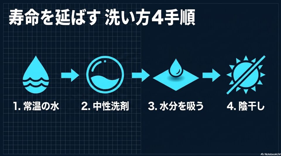寿命を延ばす洗い方の4手順として「1. 常温の水」「2. 中性洗剤」「3. 水分を吸う」「4. 陰干し」をアイコン付きの矢印で順番に示したロードマップ