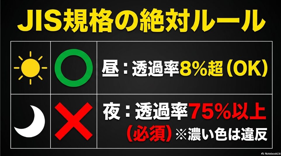 JIS規格の絶対ルール。昼は透過率8%超でOK、夜は透過率75%以上が必須であることを示す図