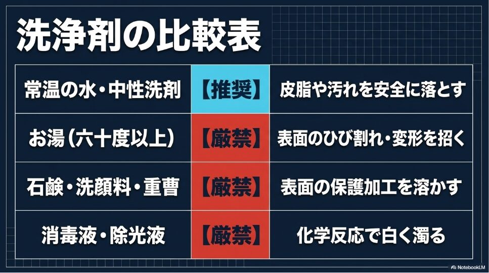 常温の水・中性洗剤は【推奨】、お湯（六十度以上）・石鹸や洗顔料・消毒液や除光液は【厳禁】とし、それぞれの理由や白化現象などの悪影響をまとめた洗浄剤の比較表