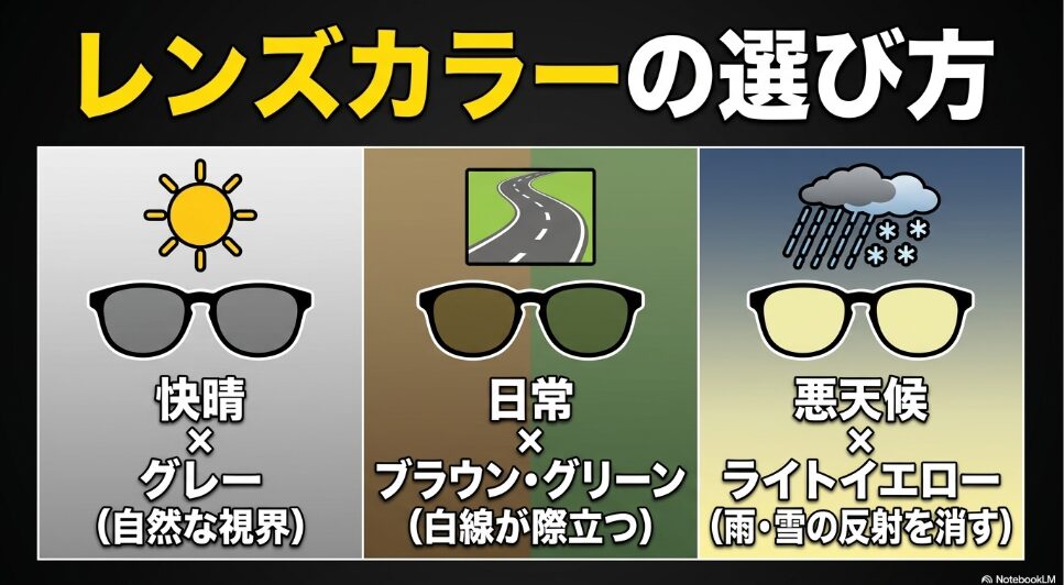 レンズカラーの選び方。快晴はグレー、日常はブラウン・グリーン、悪天候はライトイエローが適している図解