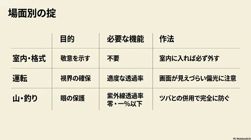 室内や格式ある場、運転、山や釣りなど、場面別の目的と必要な機能、美しい作法をまとめた表。