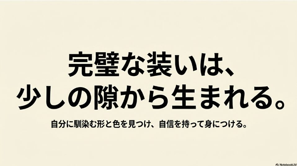 完璧な装いは少しの隙から生まれる、自分に馴染む形と色を見つけ自信を持って身につけるというメッセージ画像。