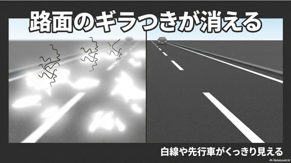 偏光膜が水平方向の光を物理的にカットし、光のノイズを消す仕組みの図解