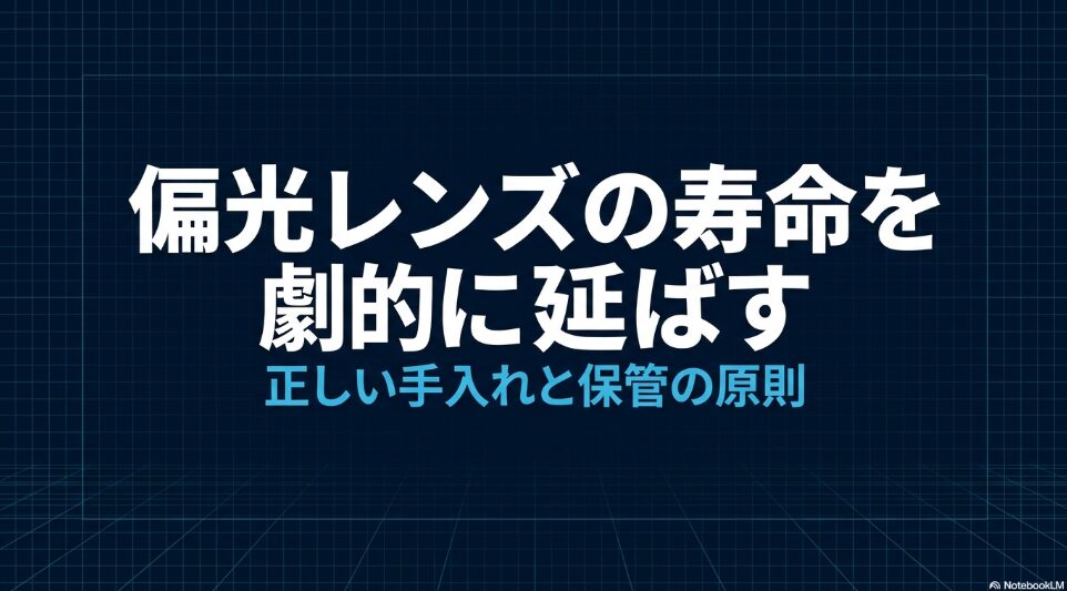 濃いブルーの格子状背景に白文字で「偏光レンズの寿命を劇的に延ばす 正しい手入れと保管の原則」と書かれた、記事のアイキャッチ用スライド画像。