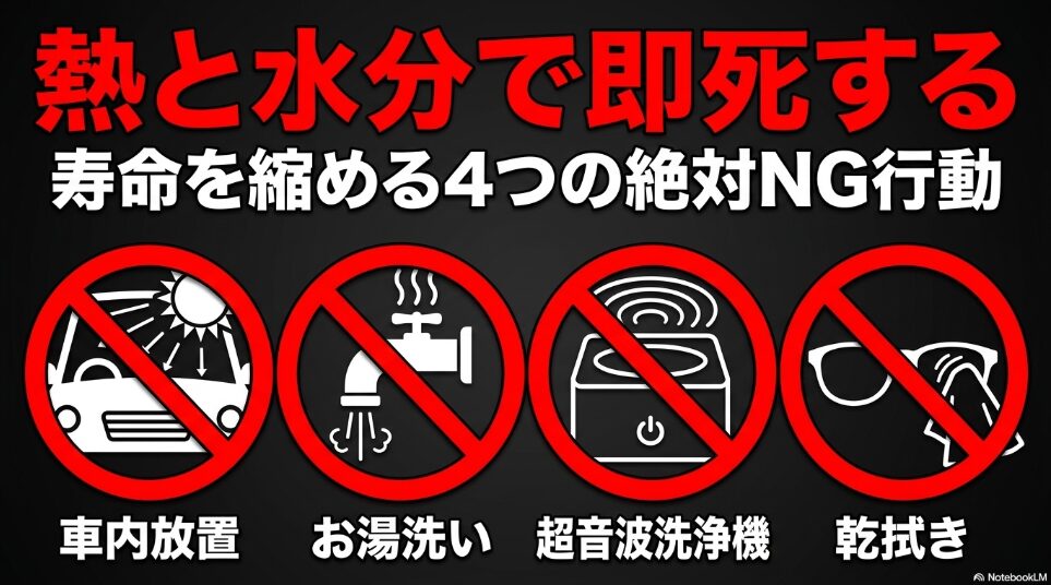 熱と水分で即死する。車内放置、お湯洗い、超音波洗浄機、乾拭きなどの寿命を縮める4つの絶対NG行動