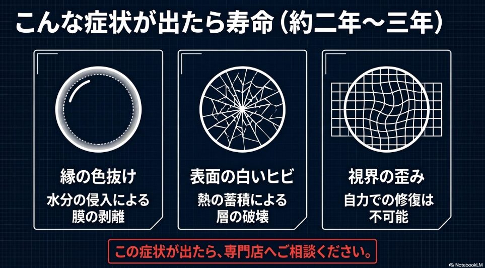 偏光レンズが寿命を迎えたときに出る「縁の色抜け（水分の侵入による膜の剥離）」「表面の白いヒビ（熱の蓄積による層の破壊）」「視界の歪み（自力での修復は不可能）」の3つの症状をイラスト付きで解説