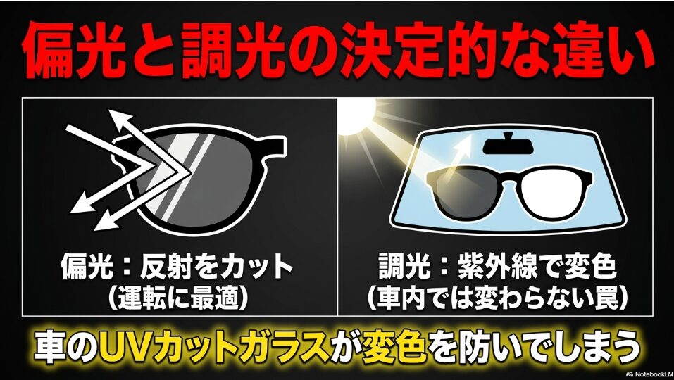 偏光レンズは反射をカットし、調光レンズは紫外線で変色する違い。車のUVカットガラスが変色を防いでしまう罠の図解