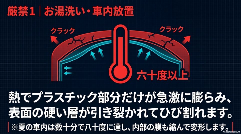 厳禁事項の1つ目として、60度以上の熱（お湯洗いや夏の車内放置）によりプラスチック部分が急激に膨らみ、表面の硬い層が引き裂かれてクラック（ひび割れ）や内部の膜の変形が起きるメカニズムを解説